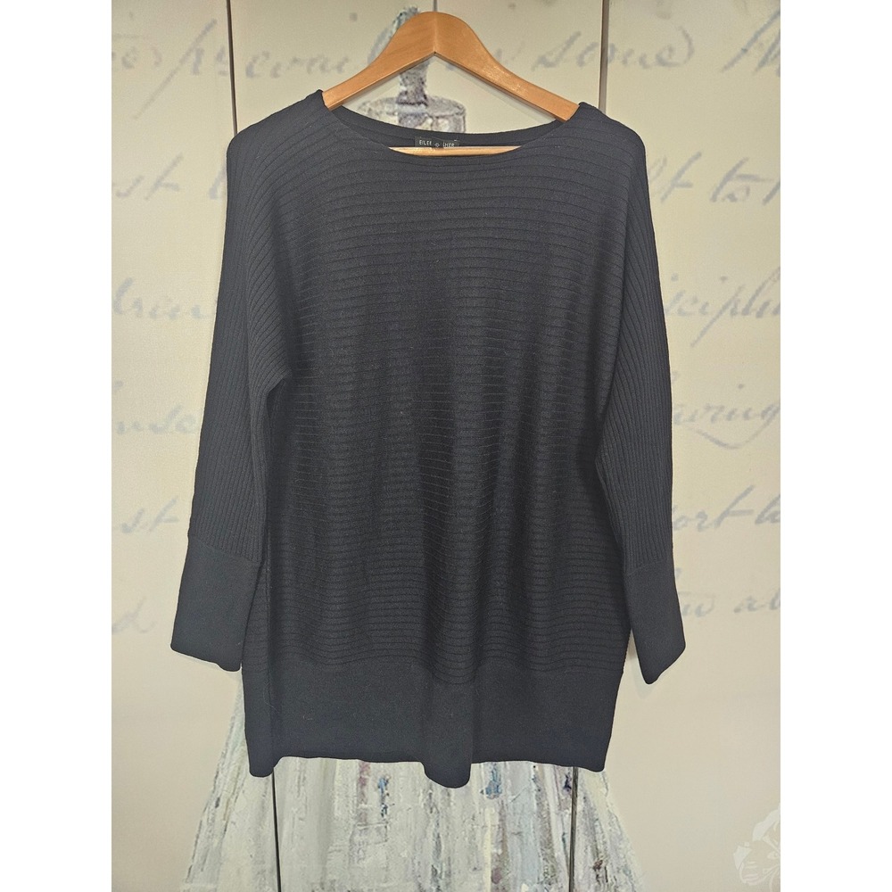 Eileen Fisher Black 100% Merino Wool Ribbed Boxy Boat Neck Sweater Small F19GUH